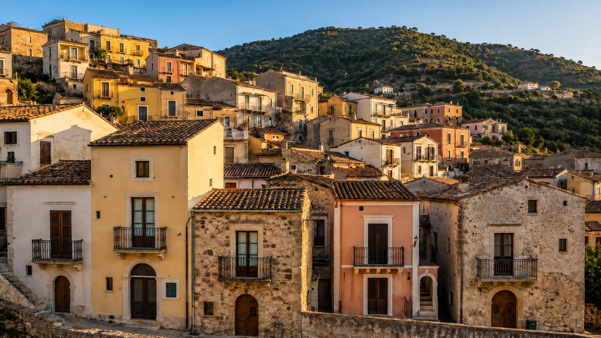 A hillside Italian town of stone and stucco houses with terracotta roofs in golden evening light