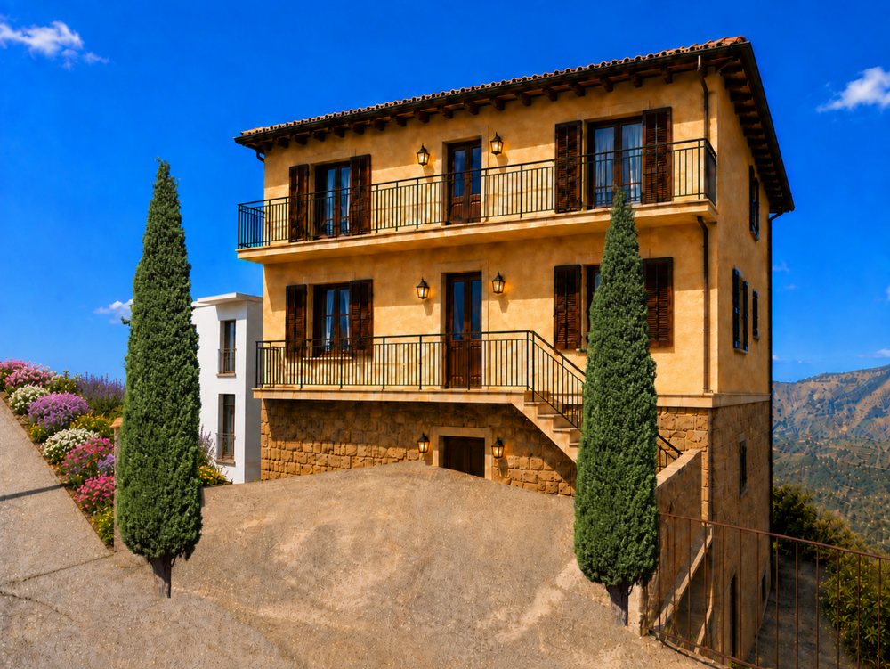 Rendering of the finished property, front elevation and right side