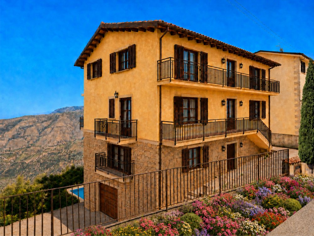 Rendering, front and left side of the property